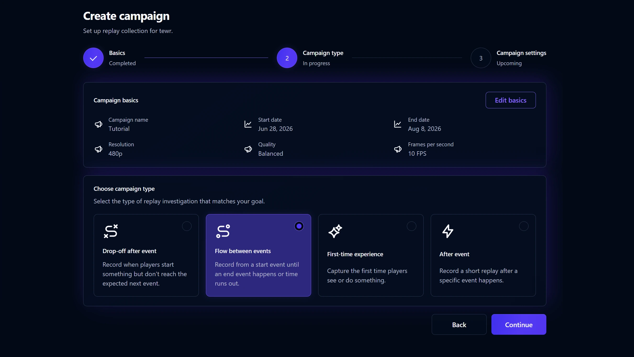 Campaign type selection in Playtrace