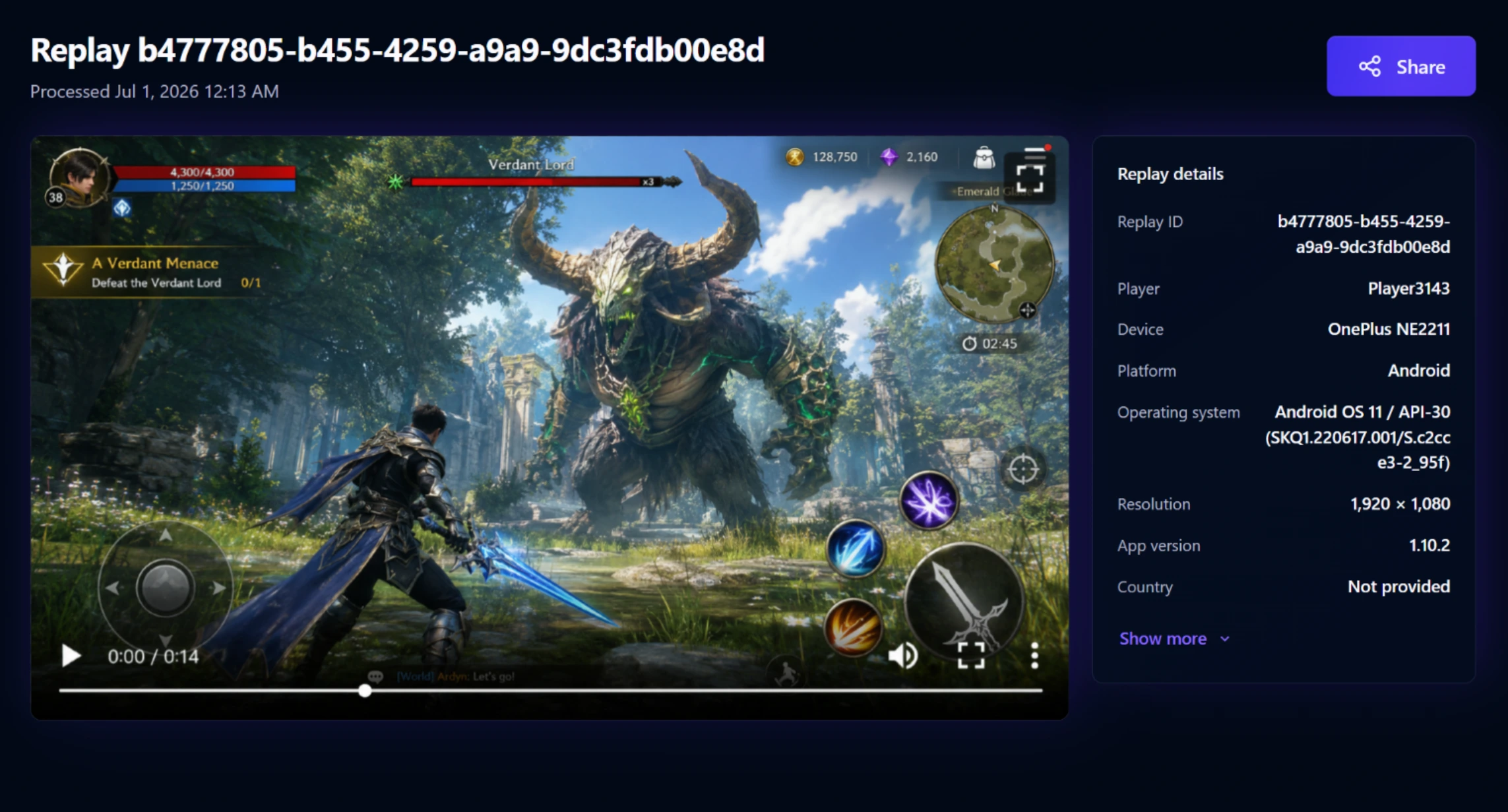 Playtrace replay page with playback and replay details